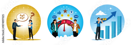 A complex conversation, businessman analyze customer feedback dashboards, economic growth charts.