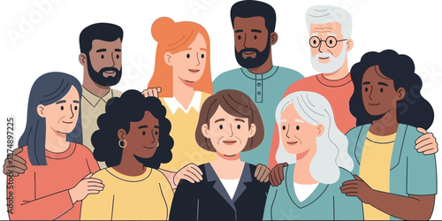 Diverse group of multiethnic people of different ages and backgrounds standing together in a supportive community portrait illustration.