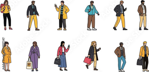A collection of diverse people characters in stylish autumn clothing walking and standing isolated on a white background