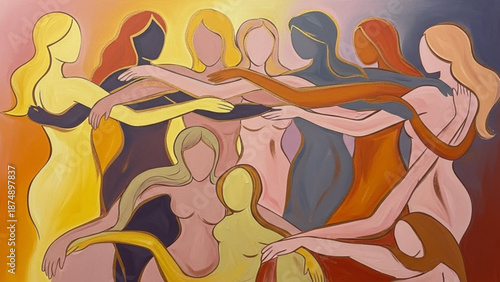 A vibrant illustration of multiple women standing together in unity and solidarity with colorful abstract designs