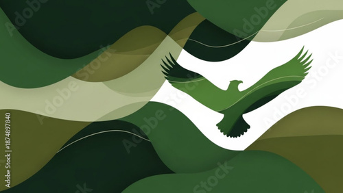 A minimalist vector graphic illustration of a green eagle in flight against a wavy abstract background