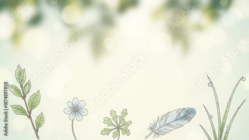 A delicate vector illustration of flowers, leaves, and a feather on a soft, blurred background