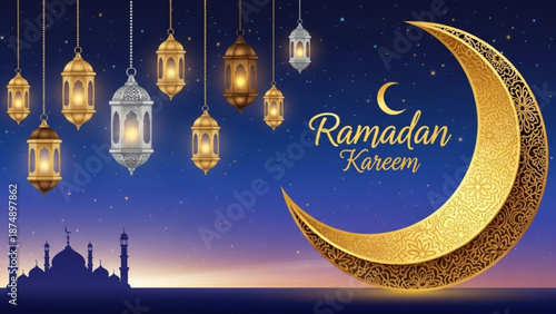 A Ramadan Kareem vector graphic with a golden crescent moon and lanterns