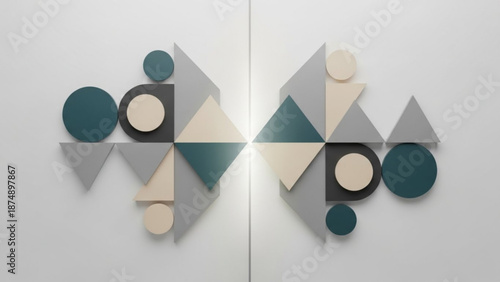 A modern geometric art piece featuring various shapes in a harmonious color palette on a white background