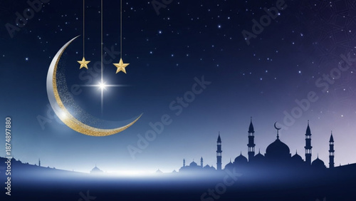 A serene and peaceful vector illustration of a mosque under a starry night sky with a crescent moon and stars