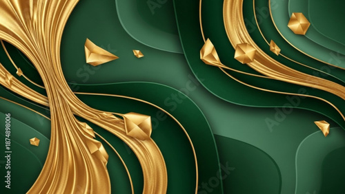 A vibrant green and gold abstract vector graphic with swirling lines and shapes