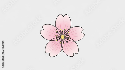 A delicate pink flower illustration with yellow center and black outline on a light gray background