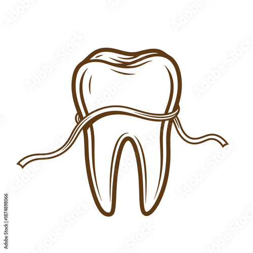 Drawing Vintage Brown line drawing of a tooth wrapped with dental floss on white background