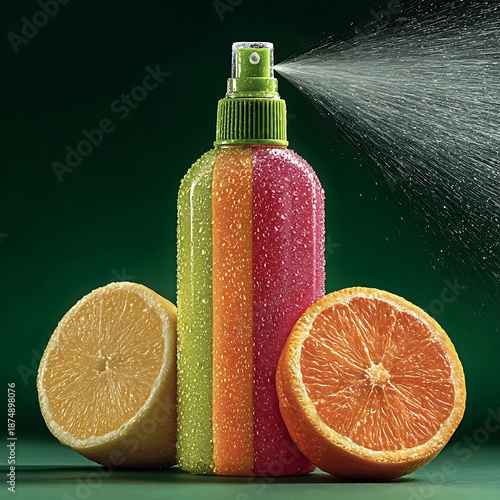 Refreshing Citrus Scented Spray Bottle with Water Droplets orange lemon