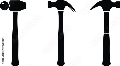 Set of black hammer silhouettes including claw hammer and ball peen hammer for carpentry, construction, and home repair.