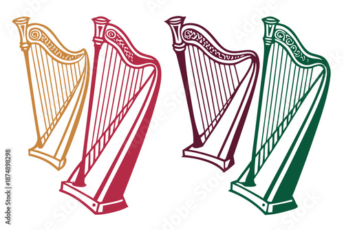 Celtic Irish Harp Silhouette bundle Vector Symbol for Heritage Design