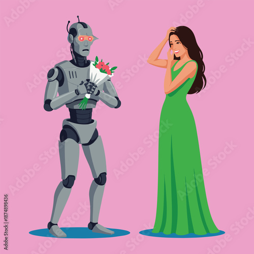 Nervous Silver Robot Giving Flowers to a Human Woman in a Green Dress, Concept of Human-AI Romance, Future Relationships, Technological Empathy, and Digital Courtship Vector Illustration