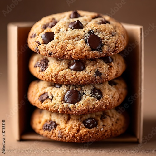Stack of Chocolate Chip Cookies in Cardboard Box Keywords: cookies, chocolate chip cookies