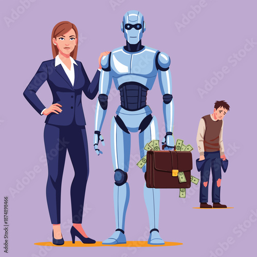 Business Woman with a Wealthy Robot Carrying a Briefcase of Cash and a Poor Human Man, Concept of Economic Displacement by AI, Corporate Automation, and Social Inequality Vector Illustration