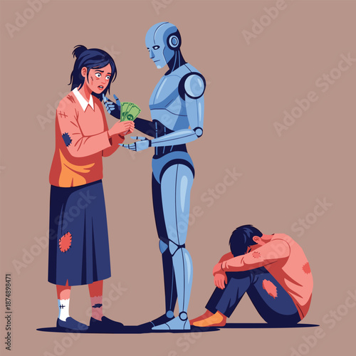 Blue Humanoid Robot Giving Money to a Poor Woman in Patched Clothes, Concept of AI Humanitarian Aid, Automated Wealth Distribution, Future of Poverty, and Socio-Economic Ethics Vector Illustration