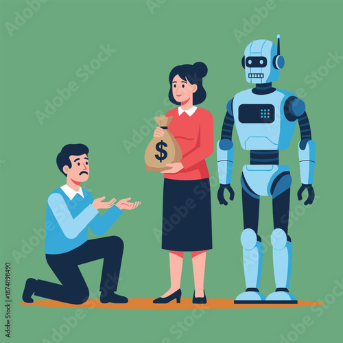 Woman Holding Money Bag Toward a Robot While a Man Kneels and Begs, Concept of Economic Inequality in the AI Age, Automated Wealth, Job Displacement, and Social Disparity Vector Illustration