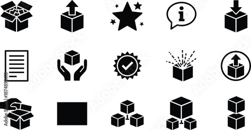 Set of black solid shipping and logistics icons featuring cardboard boxes, product delivery, quality guarantee, and inventory management symbols.