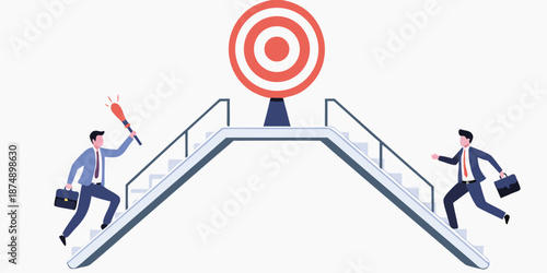 Two businessmen use different way by escalator and stair. to success concept