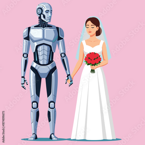 Silver Humanoid Robot and Human Woman Bride Getting Married, Concept of Human-AI Wedding, Future Relationships, Technological Commitment, and Integrated Society Vector Illustration