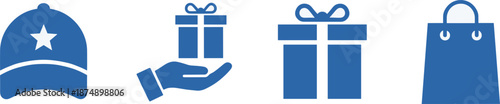 Set of blue shopping and reward icons featuring a star cap, a hand holding a gift box, and a shopping bag for retail and loyalty programs.