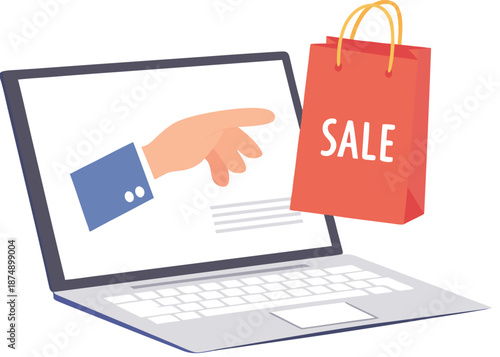 Hand with shopping bag sticking out from monitor, E-Commerce, Online shopping Concept,