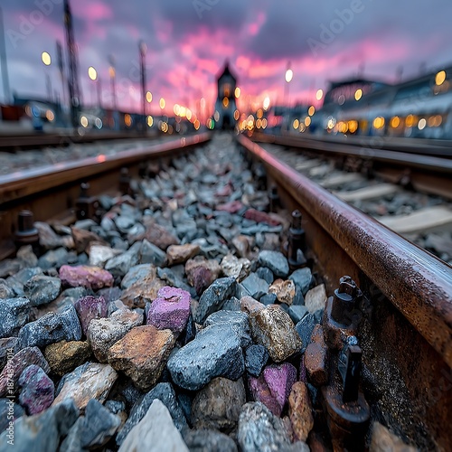 Train tracks at sunset with colorful rocks and bokeh lights railway railroad