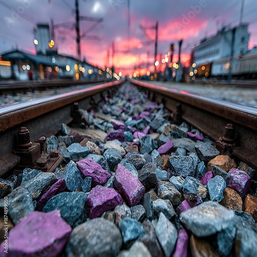 Train Tracks with Colorful Rocks at Sunset railway railroad