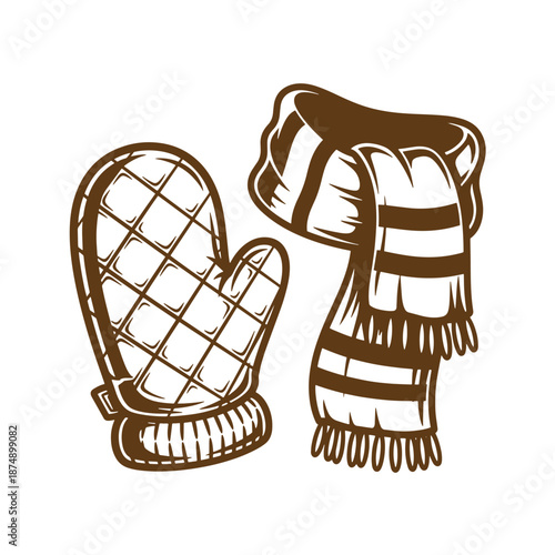 Drawing Vintage Brown mitten and striped scarf on white background for winter clothing concept