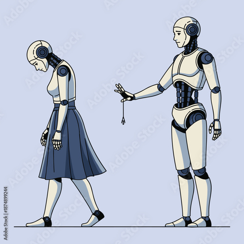 Sad White Robot Reaching Out to a Dejected Female Robot Walking Away, Concept of Robotic Heartbreak, Digital Disconnection, AI Loneliness, and Emotional Separation Vector Illustration