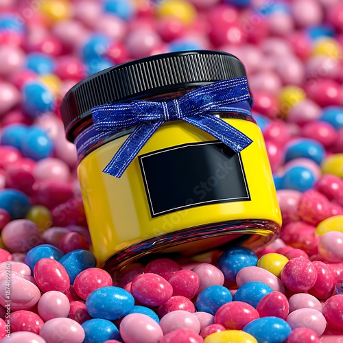 Yellow Jar with Blue Ribbon Surrounded by Colorful Candies candy sweets