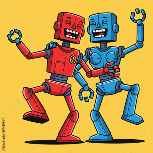 Red and Blue Boxy Robots Laughing and Dancing Together, Concept of Robotic Friendship, AI Joy, Machine Humor, and Cybernetic Celebration Vector Illustration