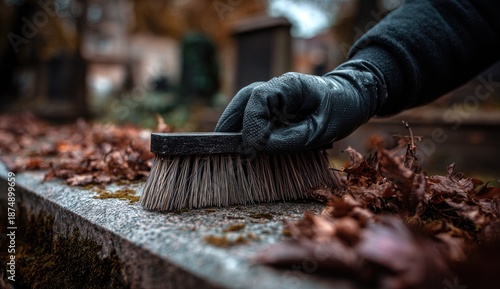 Wallpaper Mural Gloved hand brushes autumn leaves from a weathered tombstone in a historic graveyard Torontodigital.ca