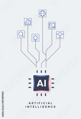 artificial intelligence concept featuring a central AI chip connected to various functional icons via circuit lines. Modern minimalist technology visual for machine learning and automation. Futuristic