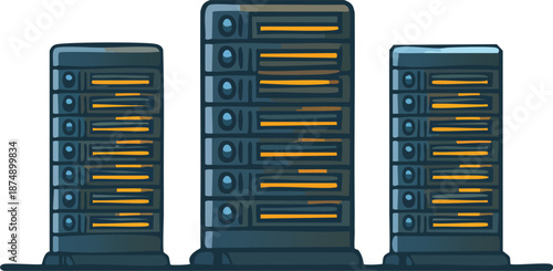 Digital illustration of three tall server racks with glowing lights, symbolizing computing power and data storage infrastructure.