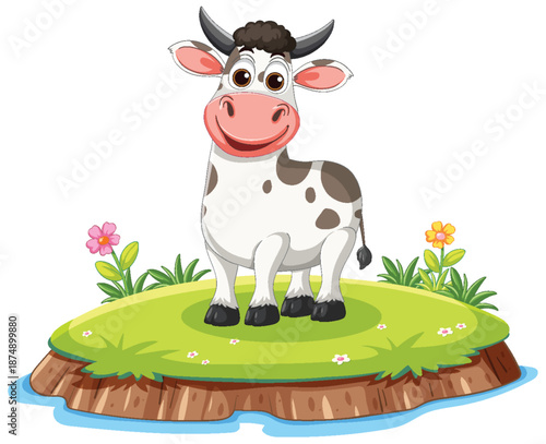 Cartoon Cow Standing on Grassy Island with Flowers