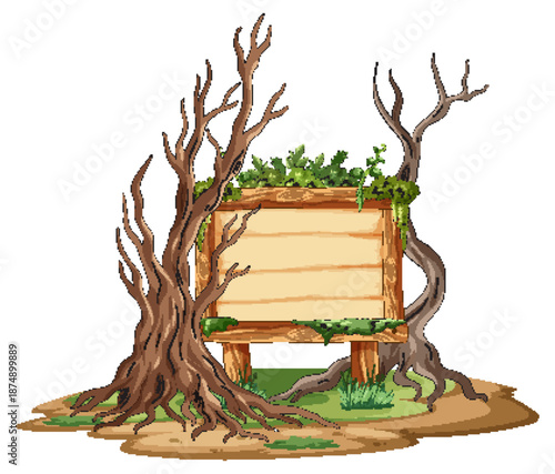 Abandoned Wooden Sign Overgrown with Twisted Trees and Moss