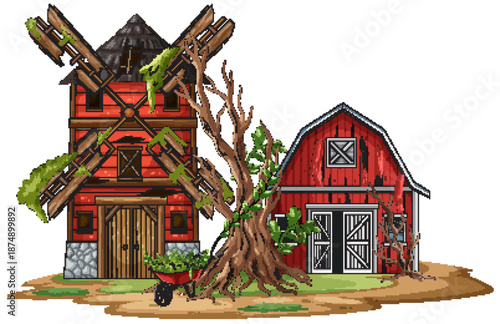 Abandoned Red Farmhouse and Windmill with Dead Tree
