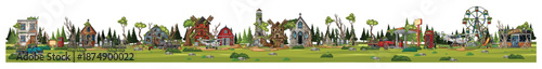 Panoramic Cartoon Abandoned Town with Haunted Buildings and Park