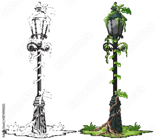 Overgrown Vintage Street Lamp with Creeping Vines Illustration