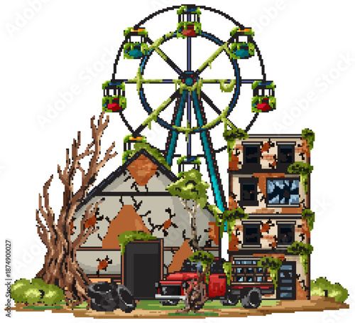 Abandoned Ferris Wheel and Buildings in Overgrown Ruins