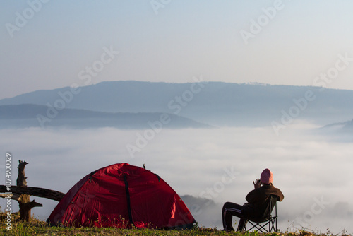 camping in the mountains with view sea of mist