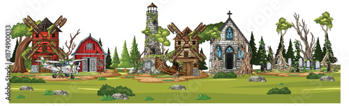 Abandoned Rural Village with Ruined Buildings and Graveyard