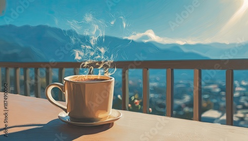 Wallpaper Mural Steaming coffee cup on a saucer, balcony, mountain view, sunny morning, blurry town below Torontodigital.ca