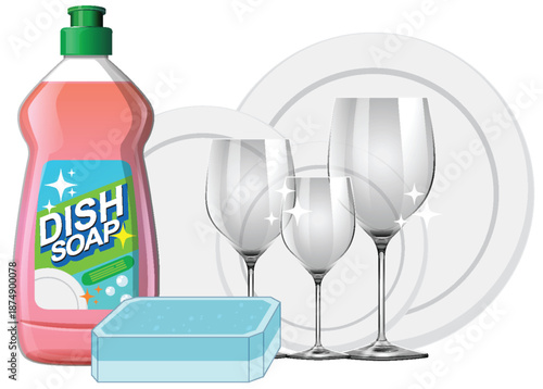 Dish Soap and Clean Wine Glasses with Sponge Illustration