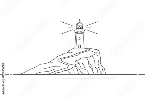 Cascading waterfall vector sketch with mountain rocks and flowing river stream