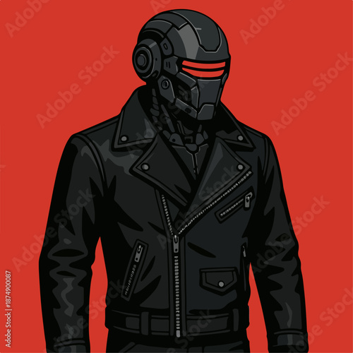 Cyberpunk robot vector illustration with leather jacket on red background