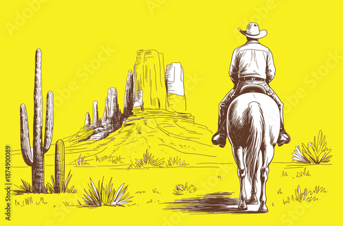 Hand drawn cowboy riding a horse through a desert landscape with saguaro cactus and sandstone buttes, vintage wild west adventure vector illustration.