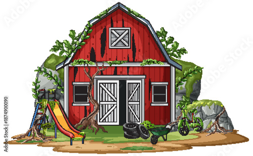 Overgrown Red Barn with Playground and Abandoned Objects