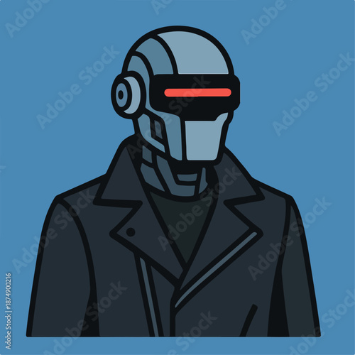 Cyberpunk robot vector illustration with leather jacket on blue background