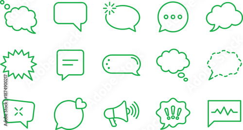 Green line speech bubble icons set with chat dialog symbols notification doodles for messaging communication vector illustration modern minimal design